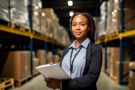 Portrait of young female staff in warehouse. Focus on the woman.の素材