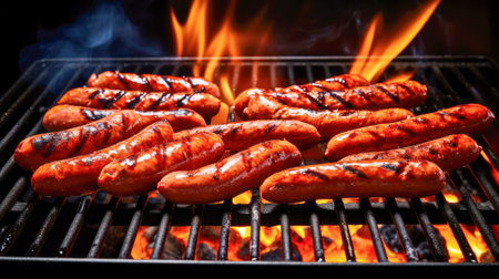 Grilling sausages on barbecue grill with flames, close up.の素材