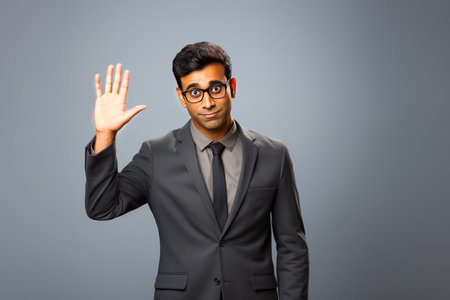 Young indian business man giving thumbs up gesture and smiling on gray background.の素材