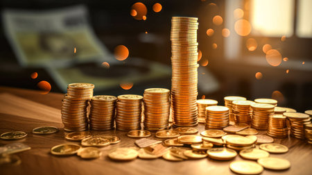 Stack of gold coins with bokeh background, business growth concept.の素材