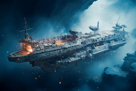 sunken futuristic ship at the bottom of the sea.の素材