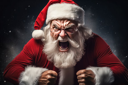 Portrait of santa claus screaming and clenching fists on dark background.の素材
