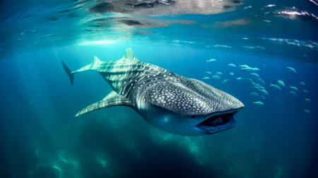 Whale shark swimming in the deep blue waters of the Pacific Ocean.の素材