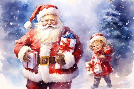 watercolor Santa Claus and children with christmas gift boxes.の素材