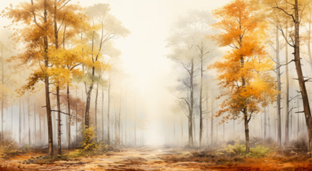 Digital painting of autumnal forest in misty morning. panoramic image.の素材