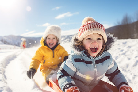 Two adorable little sisters having fun on a sled in the winter park. Generative AI.の素材