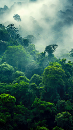 tropical forest panorama in fog. Generative AI.の素材