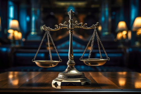 Law and justice concept. Scales of justice in the courtroom. Generative AI.の素材