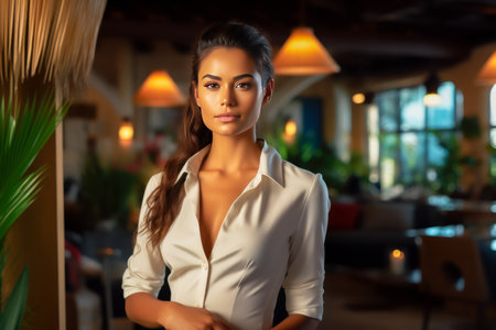 Portrait of a beautiful young business woman in a cafe. business and success concept.の写真素材