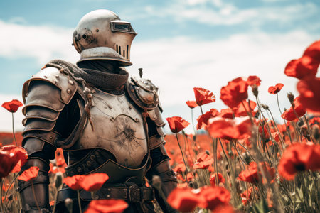 knight in a field of red poppies.の素材