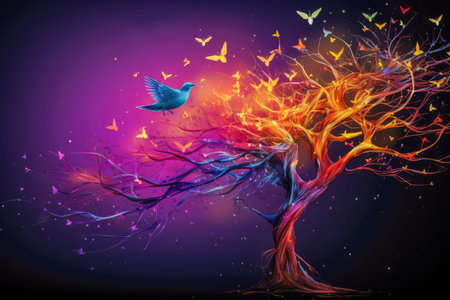 abstract tree with colorful balls on a black background.の写真素材