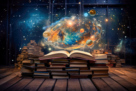 Open book, magic ball and planets in space.の写真素材