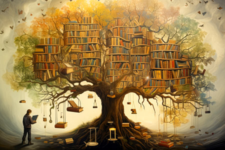 man reading a book in a tree of books.の写真素材