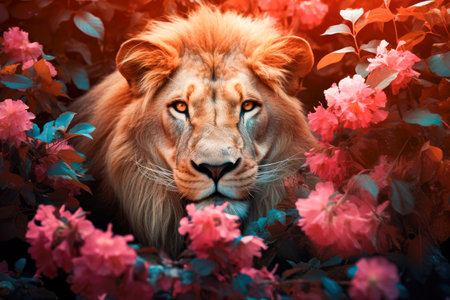 Lion in the garden with flowers. Beautiful portrait of a lion.の素材