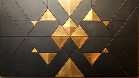 abstract background of gold and black geometric pattern on a metal surface.の素材