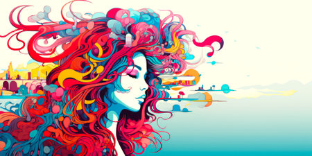 illustration of a beautiful girl with long curly hair.の素材