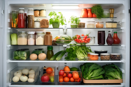 Refrigerator full of healthy food, fruits and vegetables.の写真素材
