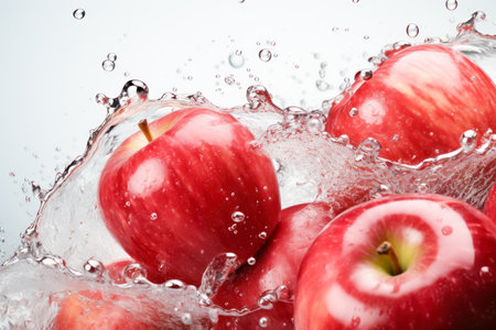 Fresh red apples in water splash on blue background, close up.の素材