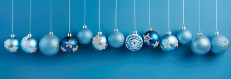 banner Blue Christmas balls with snowflakes on blue backgroundの写真素材