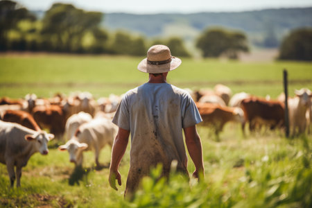 Farmer standing in his sheep farm and looking at camera, smiling.の写真素材
