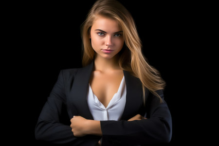 Portrait of a beautiful young woman in a business suit on a black background.の写真素材