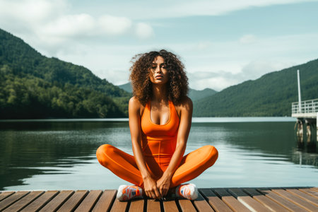 Beautiful young african american woman in orange sportswear sitting on pier and looking away.の素材