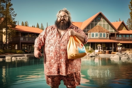 Portrait of a fat overweight man in a bathrobe with a bag near the swimming pool.の写真素材