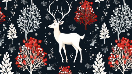 Seamless pattern with deer and flowers on dark background.の素材