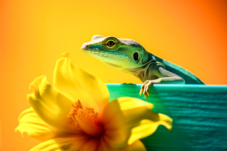 green lizard and flower.の写真素材