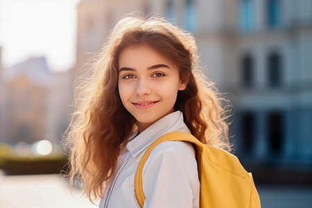 portrait of a schoolgirl girl on the street.の素材