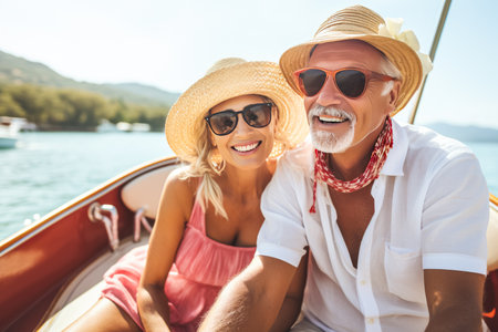 Portrait of smiling senior couple sitting on boat and looking at camera.の素材