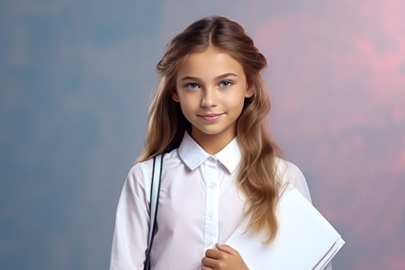 Portrait of a beautiful schoolgirl in a white shirt on a blue background.の素材