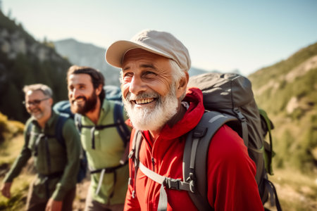 Happy senior man hiking with his friends in the mountains on a sunny day.の素材