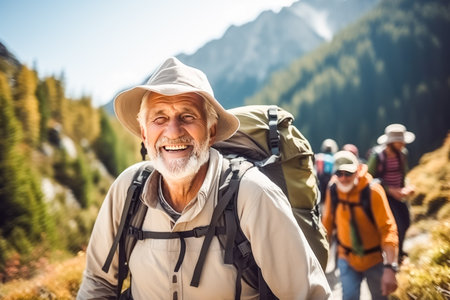 Happy senior man hiking with his friends in the mountains on a sunny day.の素材