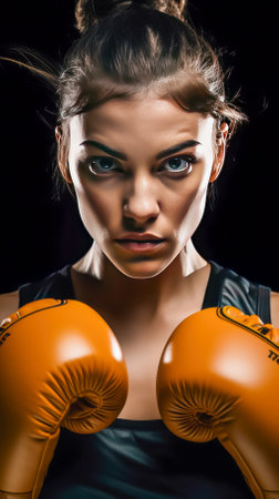 Portrait of a young woman in boxing gloves on a black background.の素材