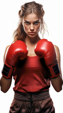 Portrait of a young woman in boxing gloves on a black background.の素材