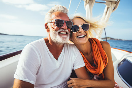Portrait of smiling senior couple sitting on boat and looking at camera.の素材