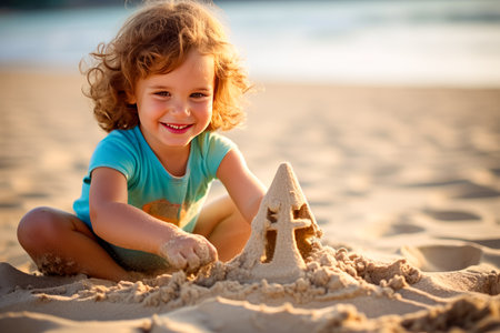 little girl building sand castle on beach, family vacation and travel concept.の素材