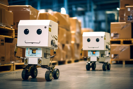 funny robots in a logistics warehouse.の素材