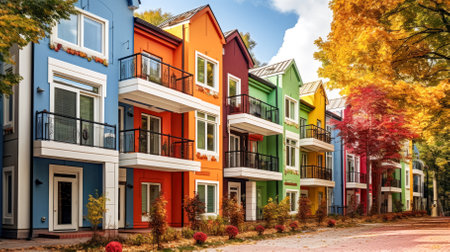Colorful facades of houses in a row with autumn leavesの素材