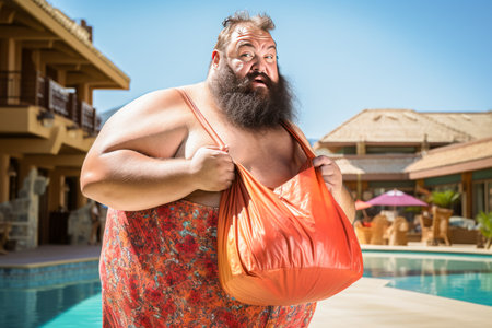 Portrait of a fat overweight man in a bathrobe with a bag near the swimming pool.の素材