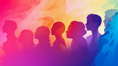 Group of people in profile. Abstract polygonal background.の素材