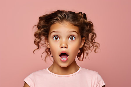 Surprised girl in pink sweater looking at camera isolated on pink.の素材