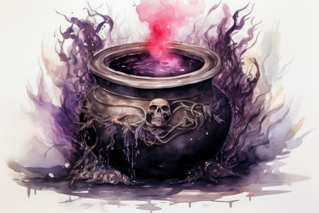 Witch cauldron with magic potion in the dark forest. fantasy illustrationの素材