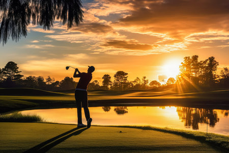 Golf player on the golf course at sunset