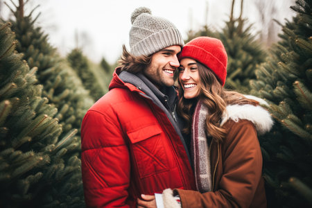 Couple in love choosing christmas tree outdoors. Winter holidaysの写真素材