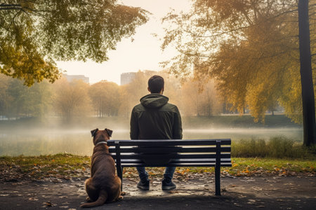 Young man sitting on a bench in the autumn park with his dog.の写真素材