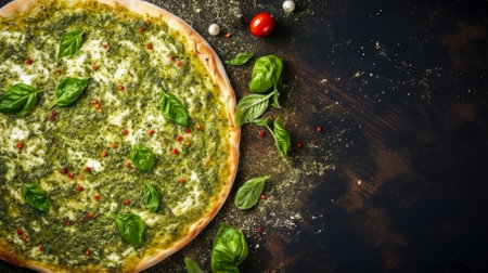 Pizza with mozzarella, tomatoes and basil on a dark background.の写真素材