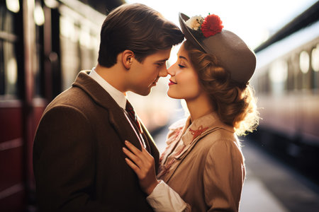 Portrait of a beautiful young couple at the railway station. retro styleの写真素材