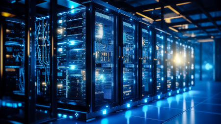 Dark server room with glowing lights.の素材